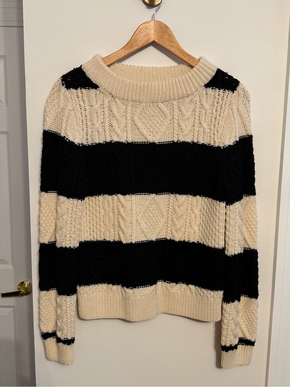 Striped Cable Knit Sweater - Cream & Black HANDKNIT 100%wool